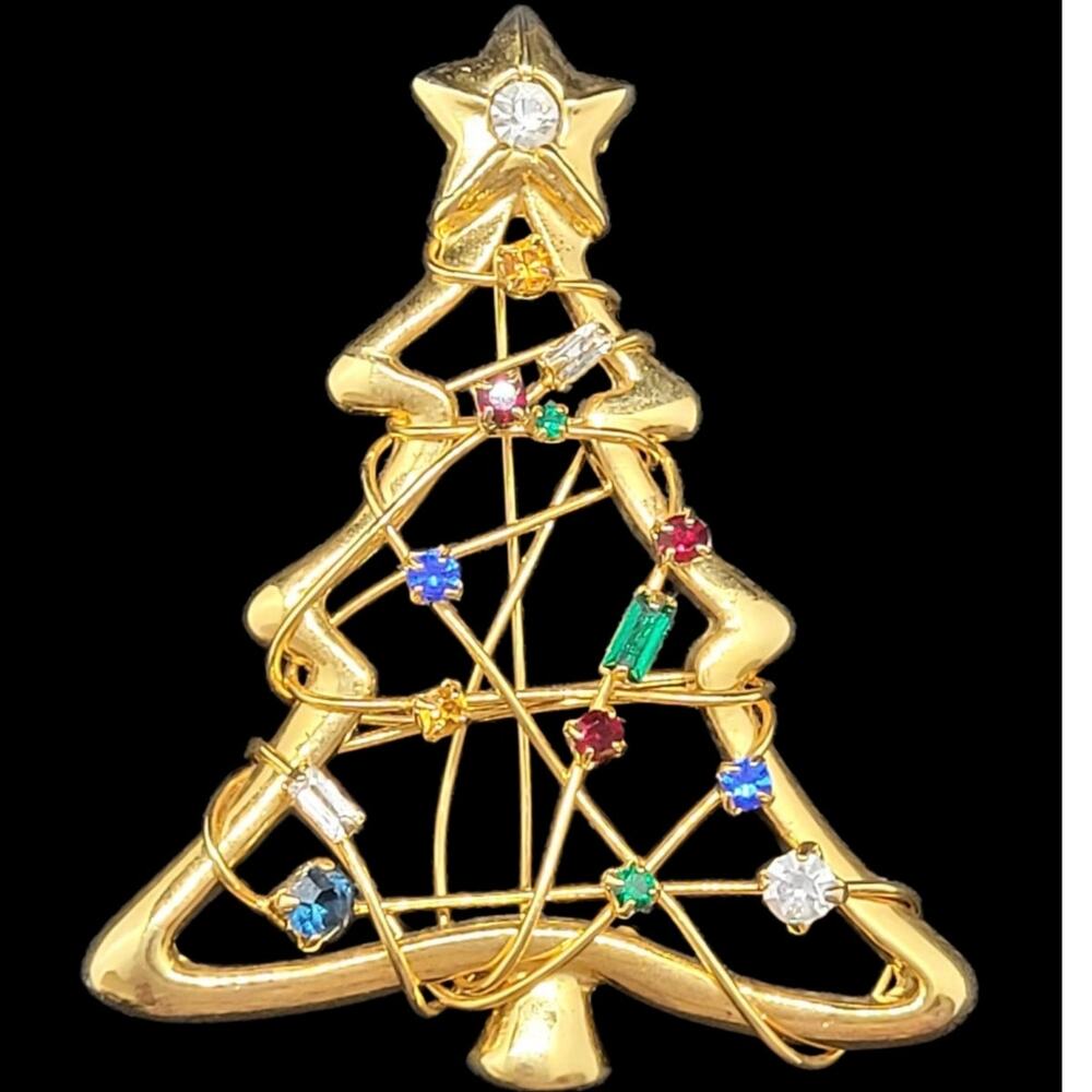 Festive Glam Vintage Rhinestone‎ Multicolor Gold Tone Christmas Tree Brooch